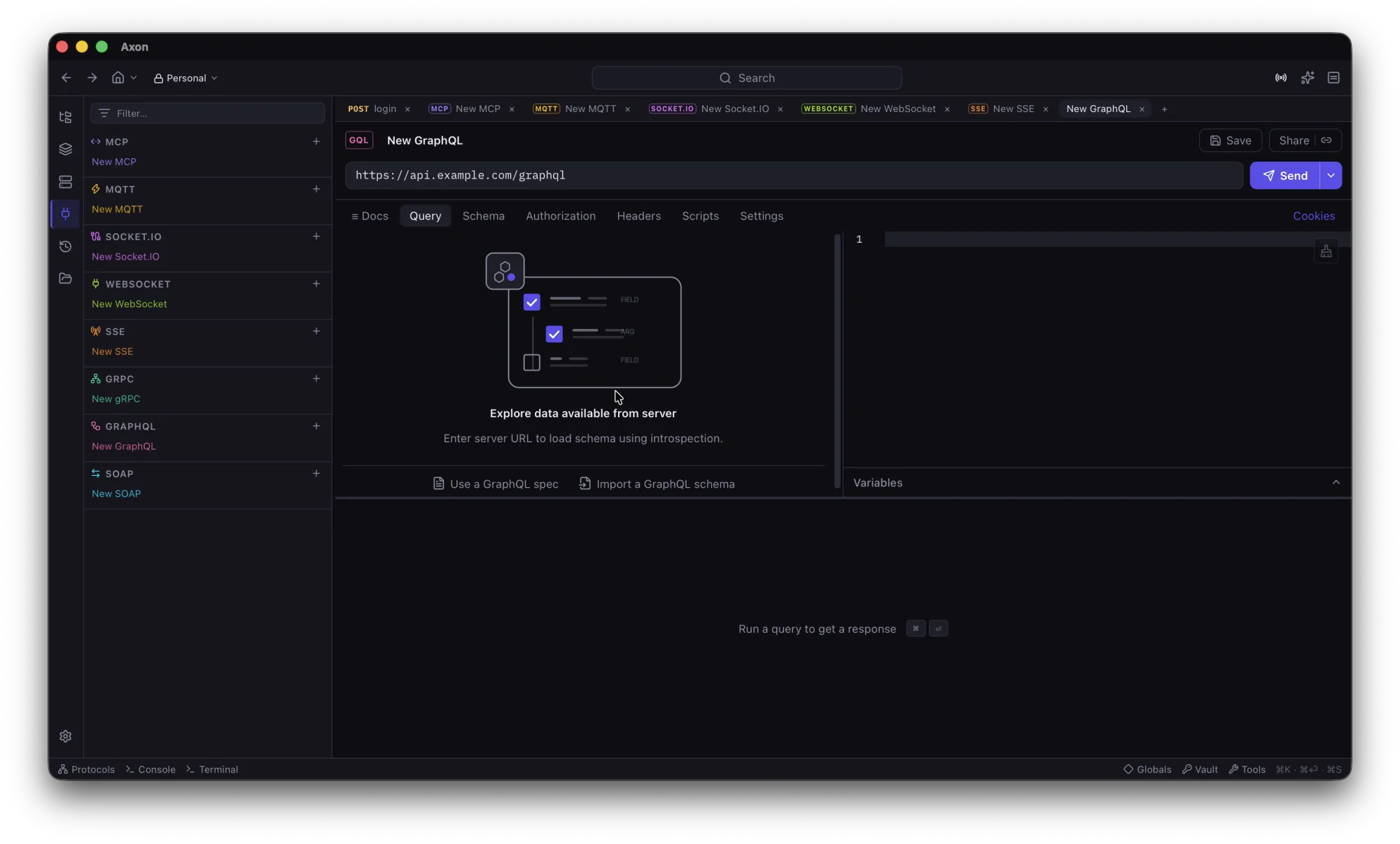 Axon GraphQL request with schema explorer