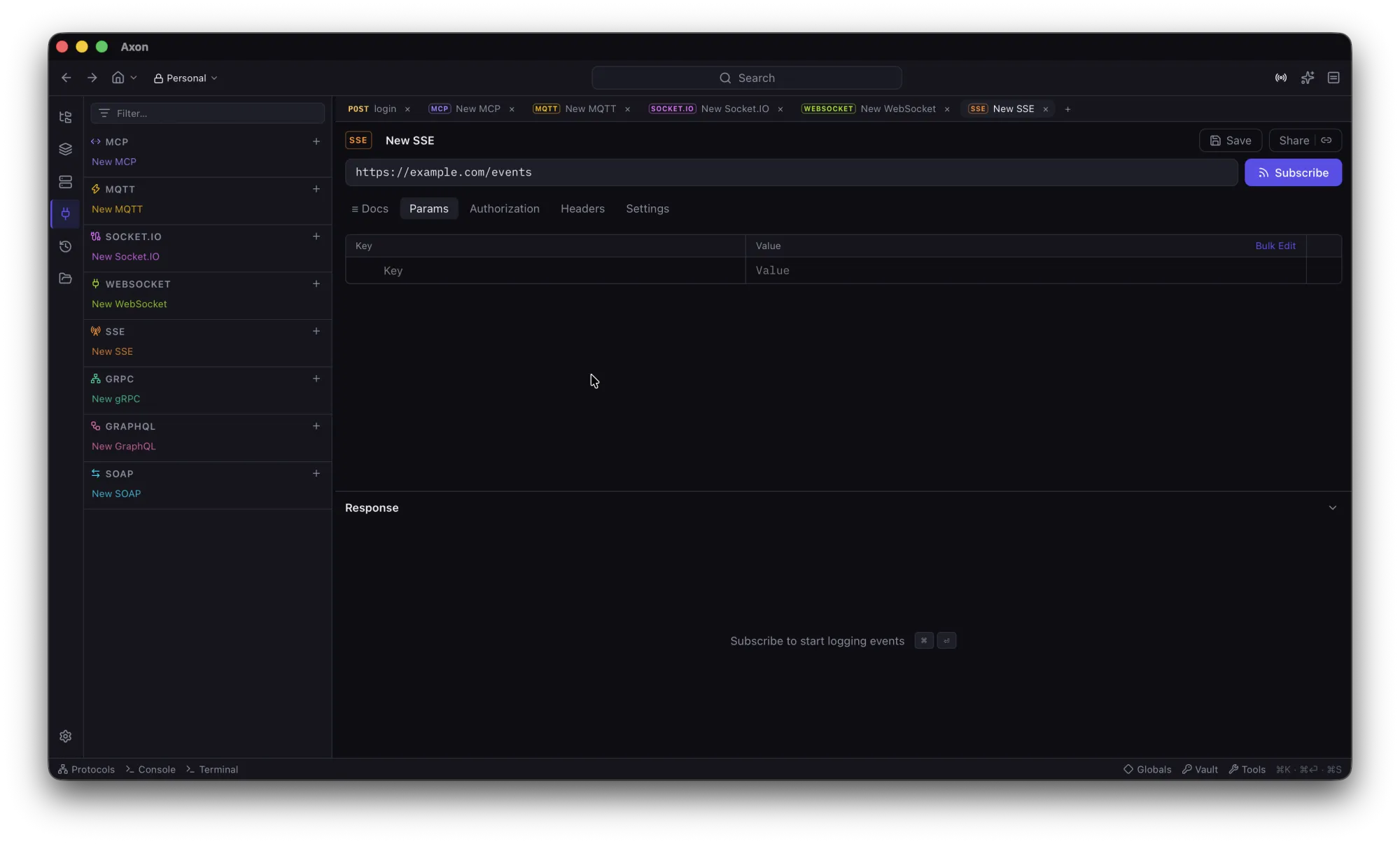 Axon Server-Sent Events subscription with live event log