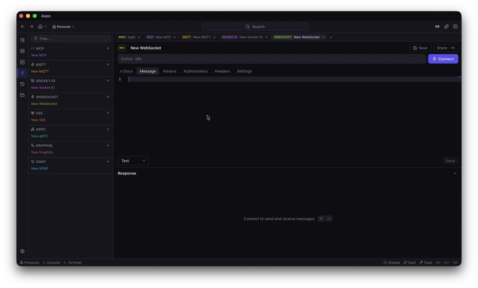 Axon WebSocket connection with a live message log