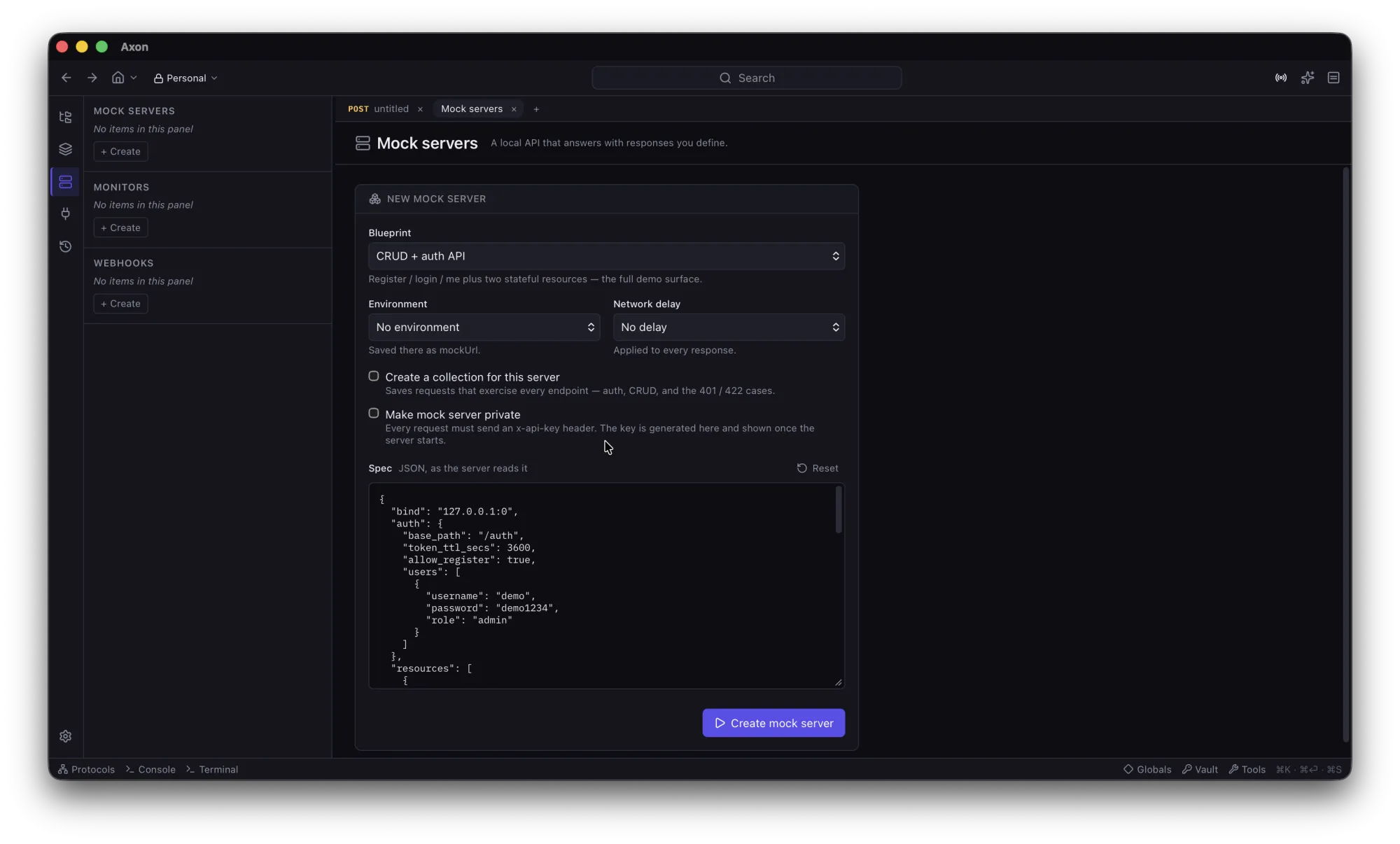 Axon mock server form with a CRUD and auth blueprint, network delay and a JSON spec