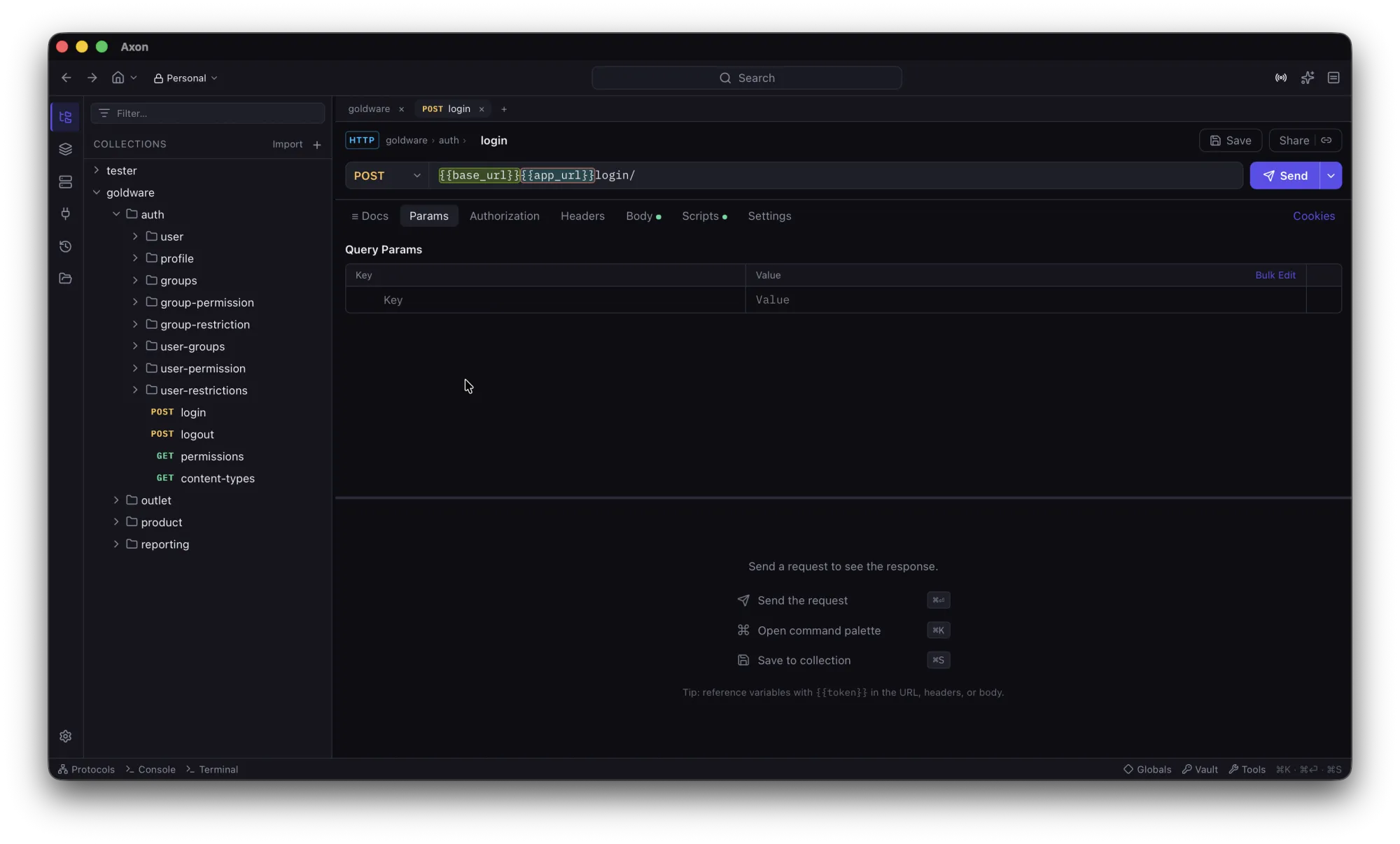 Axon window with a collection tree on the left and a POST login request using {{base_url}} variables, with Params, Authorization, Headers, Body and Scripts tabs
