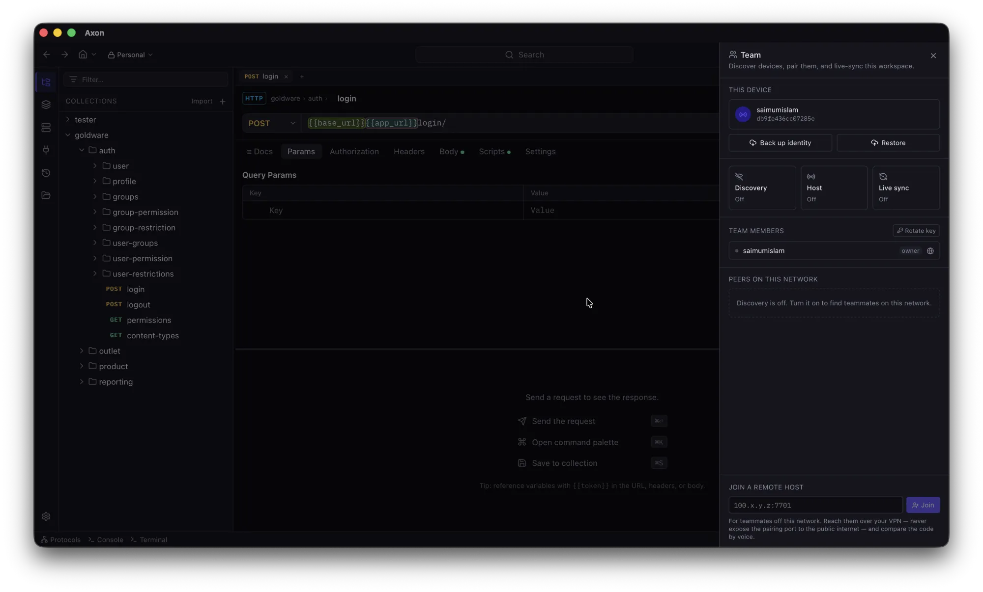 Axon team panel with host, discovery and sync controls and a list of paired peers